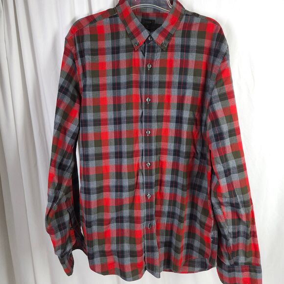 J. Crew Mens XL Red Gray Slim Fit Plaid Long Sleeve Button Down Button Up Shirt - Picture 1 of 9